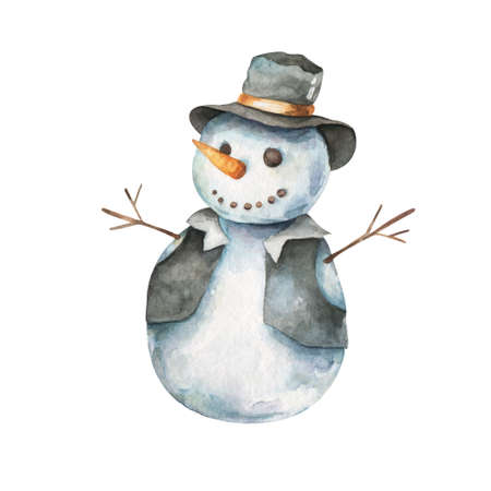 Christmas with snowman and snowflakes. Hand drawn watercolor isolated illustration on white backgroundの写真素材