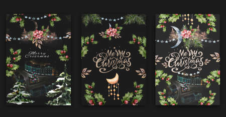 Merry Christmas gold glittering lettering design. Hand drawn watercolor illustration for holiday postcard. Square frame with winter leavesの写真素材