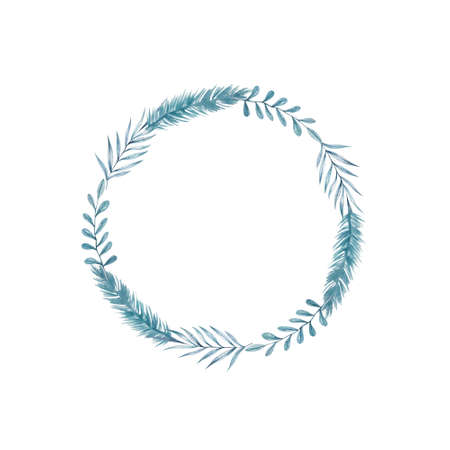 Holiday wreaths. Decoration christmas wreath circle set. Blue coloful watercolor leaves isolated illustrationの写真素材