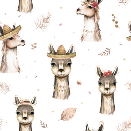 Seamless pattern with llama, alpaca, cactus, mountain. Childish print for fabric, case, textile, wallpaper. Watercolor Illustration. Trendy cartoon llamaの写真素材