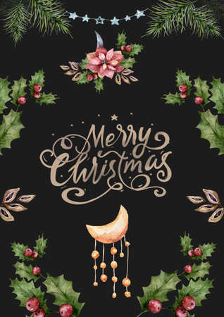 Merry Christmas gold glittering lettering design. Hand drawn watercolor illustration for holiday postcard. Square frame with winter leavesの写真素材