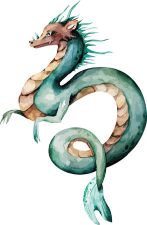Cute green flying dragon Hand drawn watercolor nursery Isolated illustration on white background. Chinese symbol. Myth chinese animalのイラスト素材