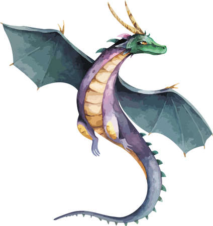 Cute green flying dragon Hand drawn watercolor nursery Isolated illustration on white background. Chinese symbol. Myth chinese animalのイラスト素材