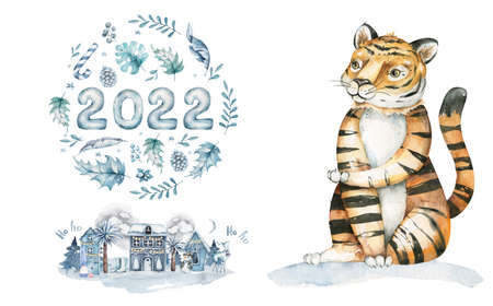 Bright colorful seamless pattern with exotic animals.Cute tigers. Nature jungle pattern. Childish style.Symbol of 2022の写真素材