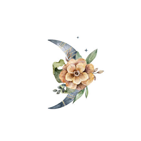 Watercolor moon phases with boho brown flowers illustration isolated on white backgroundの写真素材