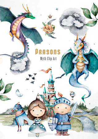 The little knight and cute princess with castle, flying green dragon. Kid set Adventure Hand drawn watercolor isolated nursery kid cartoon illustrationの写真素材