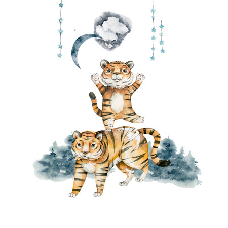 Seamless pattern with exotic animals.Cute tigers. Nature jungle pattern. Childish style.Symbol of 2022. Hand drawn watercolor illustrationの写真素材