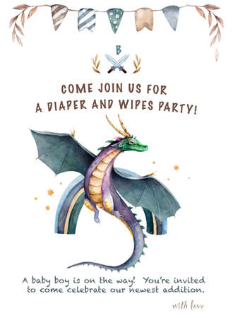 Baby Shower Golden and green cute dragon. Hand drawn watercolor cartoon isolated illustration on white backgroundの写真素材