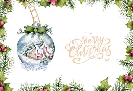 Christmas Decoration Banner - Pine Cones On Fir Branch With Christmas Lights and Lettering Merry Christmas. Watercolor illustratonの写真素材