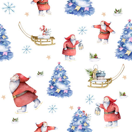 Christmas seamless pattern with winter trees, sleigh and spruces. Hand drawn watercolor blue christmas scandinavian tree on white backgroundの写真素材