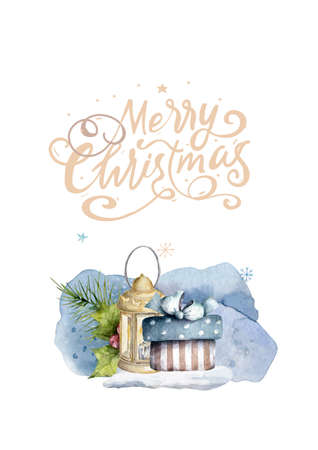 Christmas Decoration Banner - Pine Cones On Fir Branch With Christmas Lights and Lettering Merry Christmas. Watercolor illustraton card, bannerの写真素材