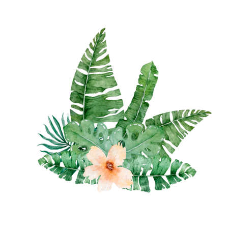 Watercolor gentle light palm flowers. Tropical wreath green leaves illustrationの写真素材