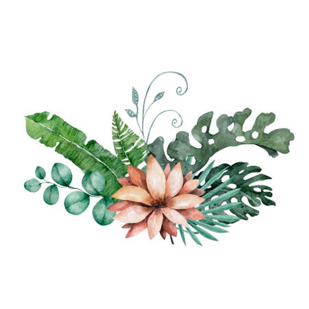 Watercolor gentle light palm flowers. Tropical wreath green leaves illustration. Border, bannerの写真素材