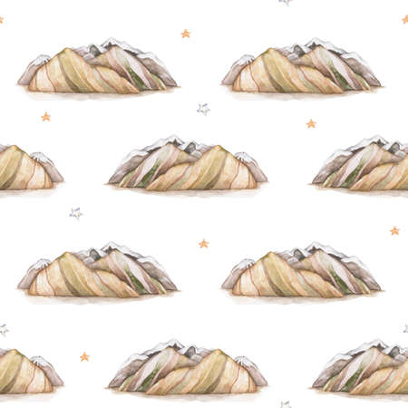 Cute hand drawn seamless pattern mountains and stars. Creative scandinavian woodland background. Forest. Watercolor bohemian illustrationの写真素材