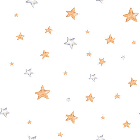 A seamless pattern of a yellow star. Hand drawn watercolor strars illustration on white backgroundの写真素材