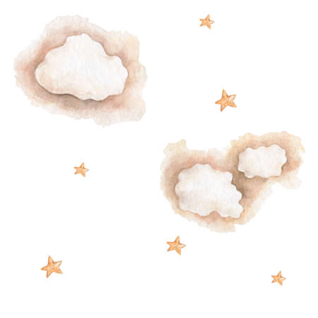 Cloud pattern of a yellow star. Hand drawn watercolor strars and clouds illustration on white backgroundの写真素材