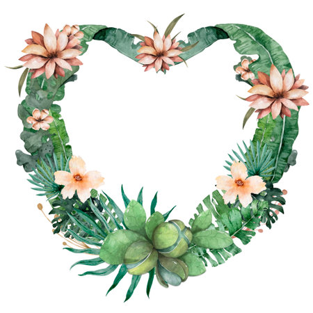 Watercolor gentle light palm leaves and flowers cirlce frame. Tropical wreath green leaves illustration. Border, bannerの写真素材