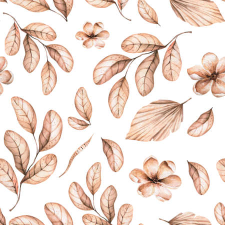 Watercolor boho seamless pattern - hand painted tropical flowers of white orchid, palm leaves and branches of pampas. Romantic floral set perfect for fabric textile, wedding cards or scrapbookingの写真素材