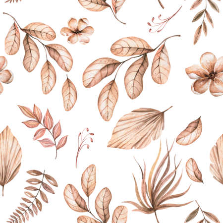 Watercolor boho seamless pattern - hand painted tropical flowers of white orchid, palm leaves and branches of pampas. Romantic floral set perfect for fabric textile, wedding cards or scrapbookingの写真素材