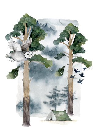Autumn forest card hand drawn illustrations set. Woody flora and fauna design elements. Woodland animals and trees clip-arts. Isolated scandinavian decorative nature wildlife creatures and plants.の写真素材