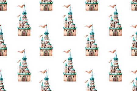 Cartoon Fairy tale castle seamless pattern. Hand drawn watercolor cute castle on white backgroundの写真素材