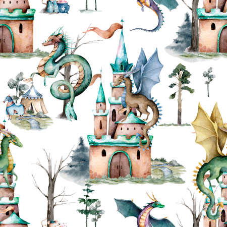 Cartoon Fairy tale castle and flying Dragons seamless pattern. Hand drawn watercolor cute castle on white backgroundの写真素材