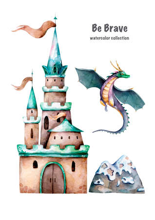 Cartoon Fairy tale castle and flying Dragons. Hand drawn watercolor cute castle on white backgroundの写真素材