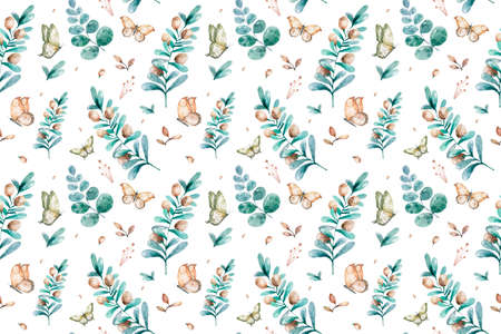 Green leaves and berries. Vintage bohemian pattern. Colorful floral seamless pattern. Watercolor of branches and leaves. Green fresh seamless pattern with watercolor branches and leaves.の写真素材