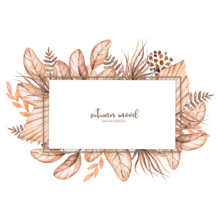 Wedding dried lunaria, orchid, pampas grass floral wreath. Exotic dried flowers, palm leaves boho invitation card. Watercolor template frame, save date, modern poster, trendy design. Circle frameの写真素材