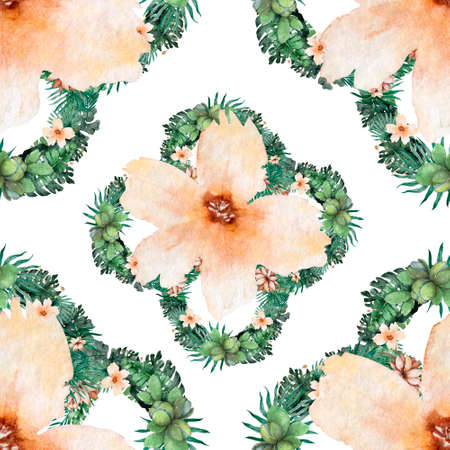 Tropical seamless pattern. Watercolor tropic drawing, rose bird and greenery palm tree, tropic green texture, exotic flower.の写真素材