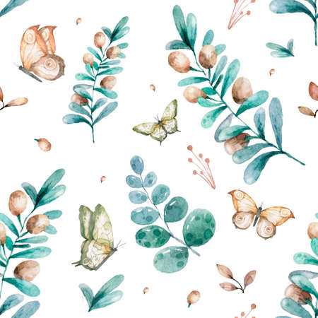 Watercolor colorful butterflies, isolated on white background. Yellow and green butterfly spring illustration.の写真素材