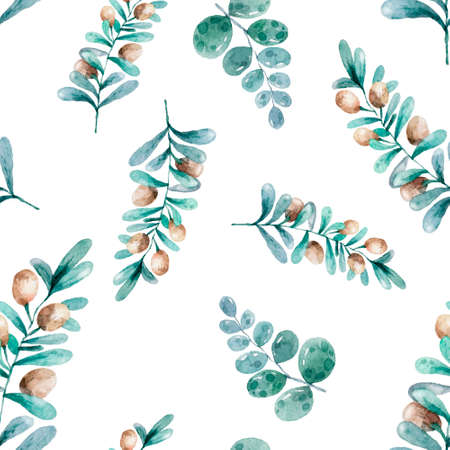 Green leaves and berries. Vintage bohemian pattern. Colorful floral seamless pattern. Watercolor of branches and leaves. Green fresh seamless pattern with watercolor branches and leaves.の写真素材