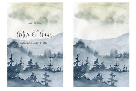 Landscape, watercolor forest and mountains, hand painting. Beautiful forest scene for wedding invitation pre-made card design.の写真素材