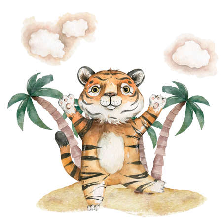 Cartoon cute baby tiger isolated on white backgroundの写真素材