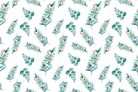 Green leaves and berries. Vintage bohemian pattern. Colorful floral seamless pattern. Watercolor of branches and leaves. Green fresh seamless pattern with watercolor branches and leaves.の写真素材