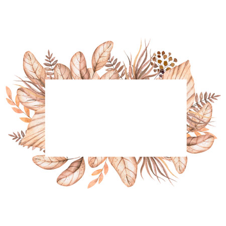 Wedding dried lunaria, orchid, pampas grass floral wreath. Exotic dried flowers, palm leaves boho invitation card. Watercolor template frame, save date, modern poster, trendy design. Circle frameの写真素材