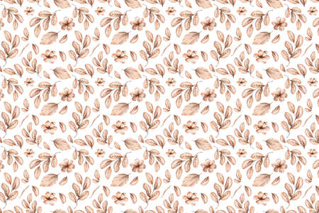 Watercolor boho seamless pattern - hand painted tropical flowers of white orchid, palm leaves and branches of pampas. Romantic floral set perfect for fabric textile, wedding cards or scrapbookingの写真素材