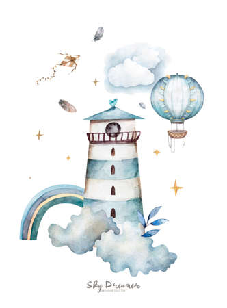 gentle watercolor lighthouse with rainbow, clouds, hot air balloon,moon, kite, for greeting cards in pastel colorsの写真素材