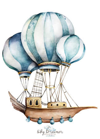 Watercolor collection with air balloons,clouds in pastel colours.Handpainted air ballons beautifully decorated on white background,pastel clouds and multicolored flags.Watercolor setの写真素材