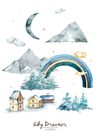 watercolor houses with church, balloons, rainbow, clouds, forest, moon and mountains in pastel colorsの写真素材