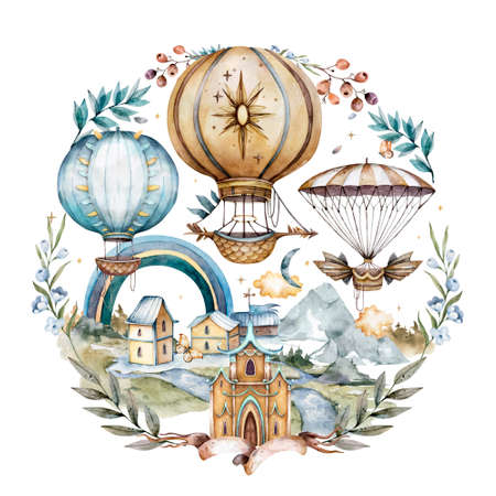 hot air balloons,outdoor activities in the park, castle, church, rainbow, sunny day, watercolor in vintage style, freedom set, watercolor set in pastel colors in a round frameの写真素材