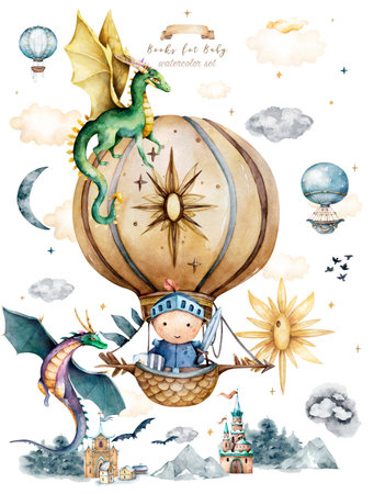 dragons, prince and princess, mystical story, balloons, outdoor activities, castle, rainbow, sunny day vintage style watercolor, pastel color watercolor setの写真素材