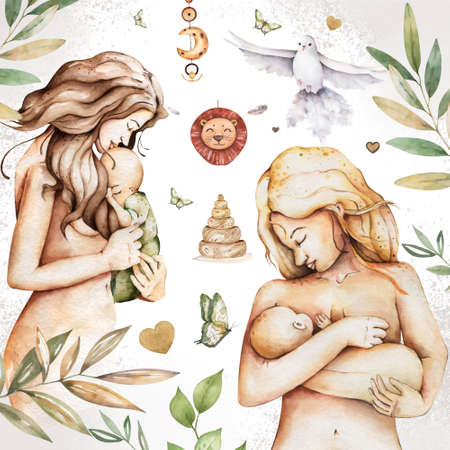 mom and baby, newborn, family, love, blonde and brunette, vintage style watercolor, pastel watercolor set, clip artの写真素材