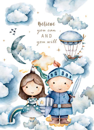 prince and princess, mystical story, balloons, outdoor activities, castle, rainbow, sunny day vintage style watercolor, pastel color watercolor setの写真素材