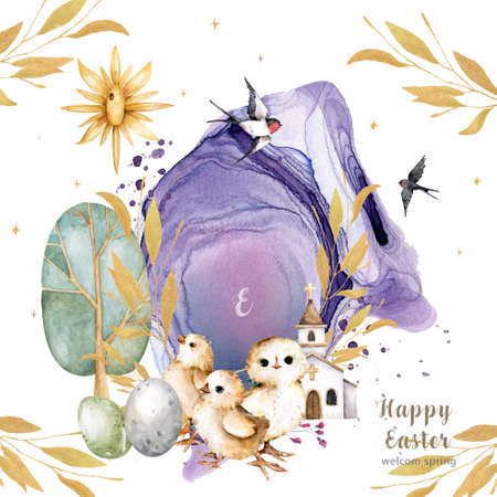 easter, watercolor drawing, church, flowers, birds, watercolor flowers, golden twigs, chicks, easter eggs, purple splashes, religionの写真素材