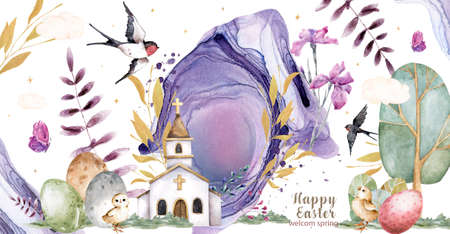 easter, watercolor drawing, church, flowers, birds, watercolor flowers, golden twigs, chicks, easter eggs, purple splashes, religionの写真素材