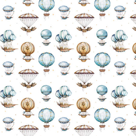 watercolor balloons in clouds, pastel colors seamless patternの写真素材