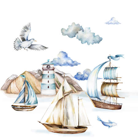 Ship watercolor.ship.childrens dreams.dream.clouds, underwater world.Adventure.watercolor set of postcardsの写真素材