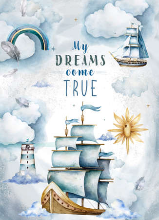 Ship watercolor.ship.childrens dreams.dream.clouds, underwater world.Adventure.watercolor set of postcardsの写真素材