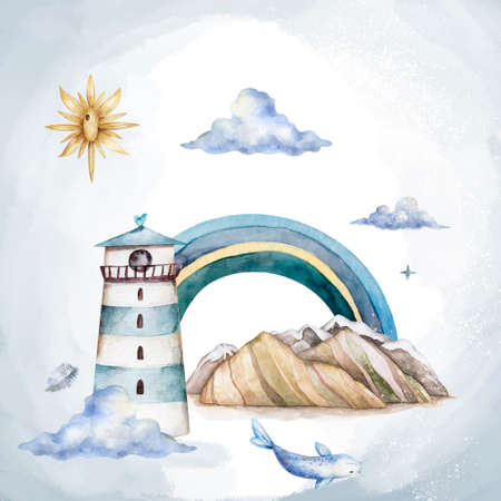 Ship watercolor.ship.childrens dreams.dream.clouds, underwater world.Adventure.watercolor set of postcardsの写真素材